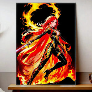 tableau manga femme guerrière peinture murale avec guerriere aux cheveux rouges epee et flammes