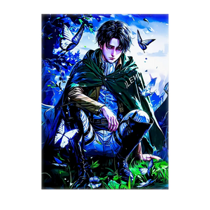 tableau manga Livai peinture murale personnage sombre en cape verte assis parmi papillons bleus