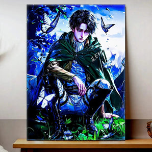 tableau manga Livai par Les Bois d Aurore décoration murale représentant un personnage sombre entouré de papillons et de feuillage