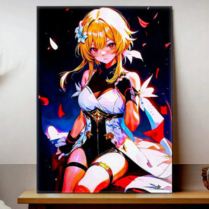 tableau manga lumineux Les Bois d'Aurore représentant une héroïne manga blonde en robe blanche sur fond noir avec pétales