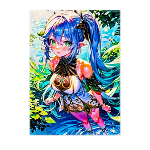 tableau manga Nahida elfe aux cheveux bleus et yeux verts debout dans l eau avec decor forestier