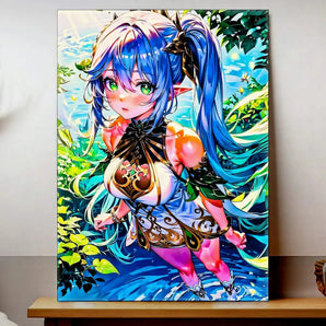 tableau manga Nahida représentant un personnage anime aux cheveux bleus et yeux verts dans un décor vegetal et eau