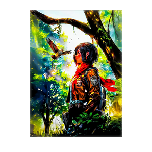 tableau Mikasa manga en foret, personnage en uniforme avec echarpe rouge et oiseau au vol