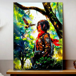tableau Mikasa manga sur toile forestiere avec personnage en echarpe rouge regardant un oiseau