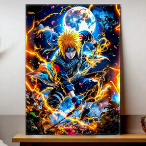 tableau Minato manga montrant Minato en pleine action sous la lune avec eclairs dorés et couleurs vives