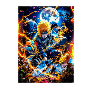 tableau Minato manga Les Bois d'Aurore montrant un ninja blond en pose dynamique, éclairs et lune