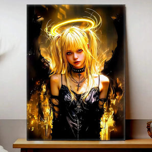 tableau Misa Amane manga par Les Bois d Aurore portrait animé femme blonde gothique auréole dorée et croix