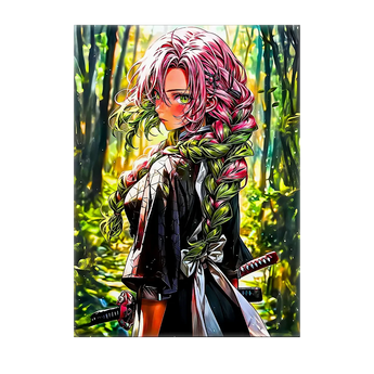 tableau Mitsuri Kanroji sur toile par Les Bois d'Aurore, portrait manga en forêt lumineuse, cheveux roses et verts tressés