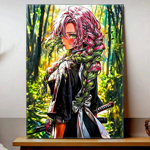tableau Mitsuri Kanroji depiction sur toile de la guerriere aux tresses roses et vertes en foret