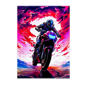 Tableau moto dessin original vibrant montrant un motard en pleine acceleration sur une route colorée