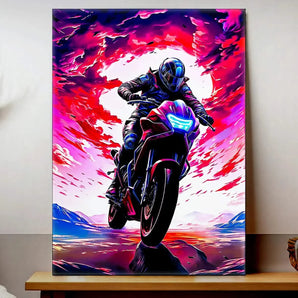 tableau moto dessin original montrant un pilote en combinaison sur une sportive néon devant un ciel rose et violet