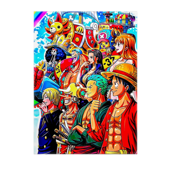 tableau mugiwara manga Les Bois dAurore montrant l equipage coloré de One Piece sur le Thousand Sunny