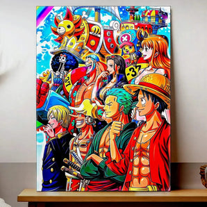 tableau mugiwara manga colore Les Bois d Aurore avec Luffy Zoro Nami Sanji Chopper et decors vifs et lumineux