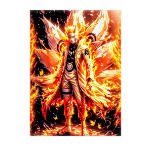 tableau Naruto Shippuden affiche Naruto en manteau lumineux entouré de flammes orangées et queues de renard