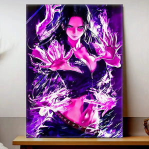 tableau Nico Robin style anime violet et noir illustration dynamique de personnage en pose magique décoration murale