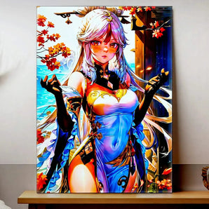 tableau Ningguang manga Les Bois d Aurore personnage féminin aux cheveux argentés décor automnal et bord de mer