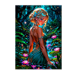 tableau nymphe fantaisie Les Bois dAurore nymphe blonde en robe verte au bord d un etang de nenuphars lumineux et magique