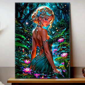 tableau nymphe fantaisie nymphe blonde au dos nu dans un étang enchanté avec nénuphars et lucioles