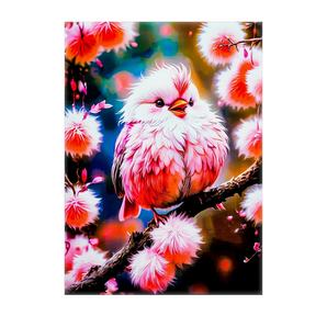 tableau oiseau rose Les Bois d'Aurore peinture d'oiseau duveteux posé sur branche avec fleurs roses et couleurs vives