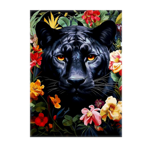 tableau panthère fleurs Les Bois dAurore peinture murale panthère noire yeux orange entourée de fleurs
