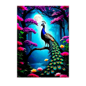 tableau paon dessiné à la main paon sous la lune sur branche avec longue queue colorée et fleurs roses