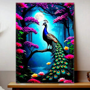 tableau paon dessiné à la main par Les Bois d'Aurore déco murale paon sur branche nocturne avec fleurs colorées