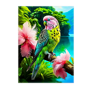 tableau perroquet tropical coloré sur une branche avec fleurs roses et végétation luxuriante au bord de l'eau Les Bois d'Aurore