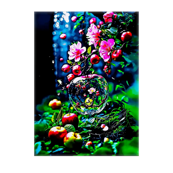 tableau pomme dessin main illustrant pommes rouges fleurs roses et une pomme en verre sur fond vert