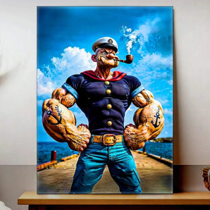 tableau Popeye décoration murale grand format montrant Popeye marin musclé fumant sa pipe au port