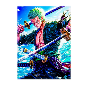 tableau Roronoa Zoro Les Bois d Aurore portrait coloré de Zoro aux cheveux verts avec trois sabres sur fond océan