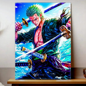 tableau Roronoa Zoro sur toile style manga montrant Zoro cheveux verts trois sabres et ocean