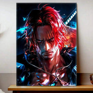 tableau Shanks le Roux par Les Bois d'Aurore portrait animé aux cheveux rouges, épée et éclairages dramatiques