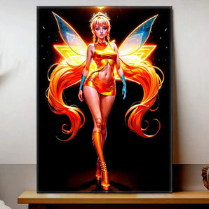 tableau Stella Winx peinture fée Stella aux longs cheveux et ailes lumineuses orange sur fond noir