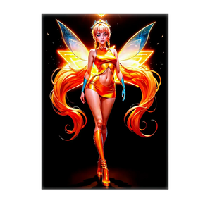 tableau Stella Winx par Les Bois dAurore femme fee en tenue orange ailes lumineuses et longs cheveux roux