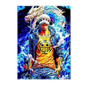 tableau Trafalgar Law portrait coloré de Law en veste et t shirt jaune portant son epee avec un dragon d eau bleu en arriere plan