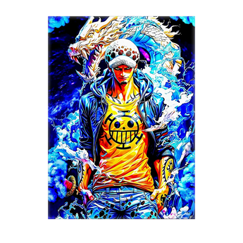 tableau Trafalgar Law portrait coloré de Law en veste et t shirt jaune portant son epee avec un dragon d eau bleu en arriere plan