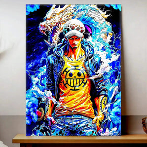 tableau Trafalgar Law coloré bleu et jaune sur toile grand format représentant le personnage avec dragon décoratif pour mur