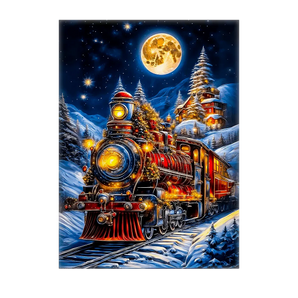 tableau train Noël vintage peinture décorative train à vapeur festif sous pleine lune