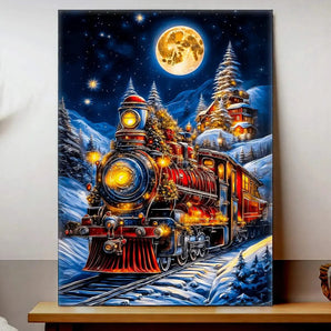 tableau train Noël peinture décorative locomotive vintage festive paysage hivernal lumineux et détaillé