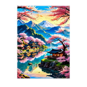 tableau paysage japonais vibrant avec cerisiers en fleurs et pavillon au bord du lac et Mont Fuji en arrière plan