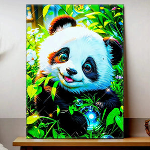 tableau panda décoratif coloré sur toile par Les Bois dAurore montrant un panda joueur dans un feuillage lumineux avec bulle brillante