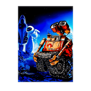 tableau WALL-E décoration Les Bois d'Aurore peinture murale montrant WALL-E et EVE sur fond spatial bleu lumineux