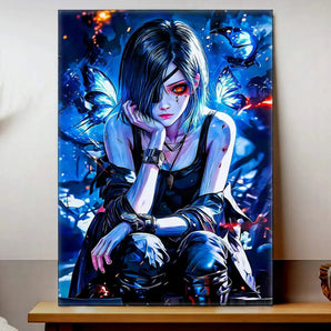 tableau Touka Kirishima reproduction sur toile style manga personnage aux yeux rouges et papillons bleus