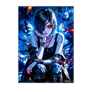 tableau Touka Kirishima poster mural animé bleu personnage assis regard intense papillons et détails lumineux