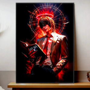 tableau Light Yagami illustration anime en costume sombre tenant le Death Note halo rouge et arrière plan en feu