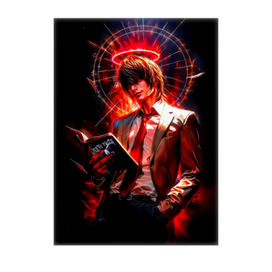 tableau Light Yagami peinture de Light tenant le Death Note avec halo lumineux et fond rouge