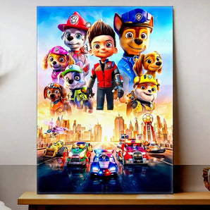 tableau Pat Patrouille coloré pour chambre enfant avec personnages chiots et véhicules de secours