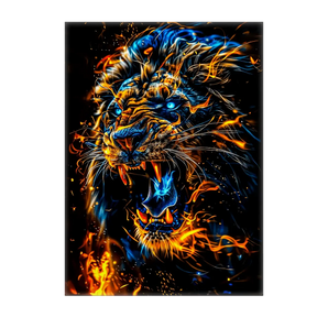 tableau lion feu mural Les Bois d'Aurore montrant un lion rugissant aux flammes bleues et orange