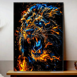 tableau lion feu Les Bois d Aurore peinture murale lion rugissant aux yeux bleus et flammes orange