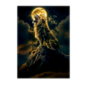 tableau lion haut de gamme Les Bois d Aurore lion rugissant sur un rocher sous une pleine lune dorée